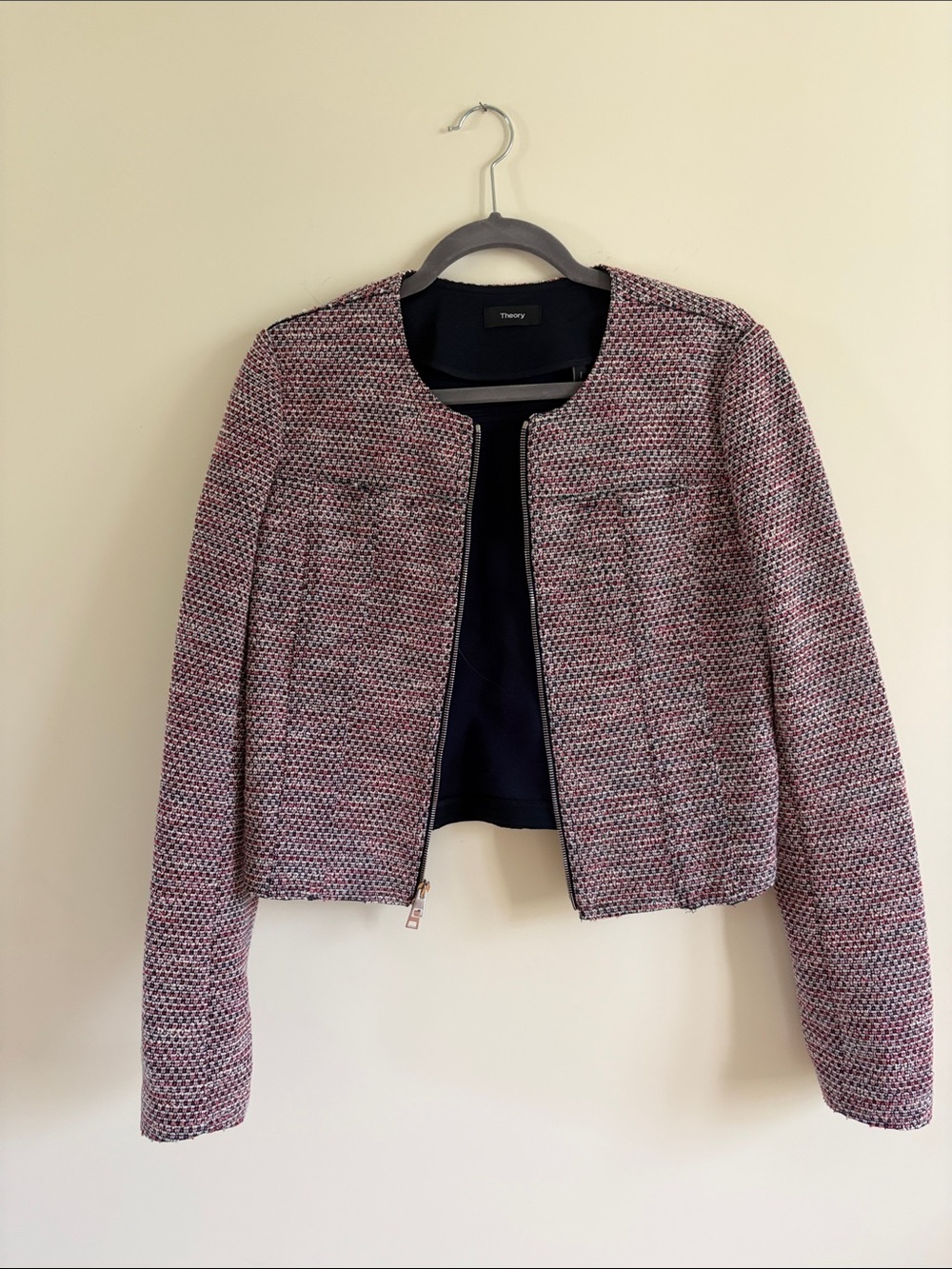 Theory Pink/Navy Tweed Collarless Zip Jacket